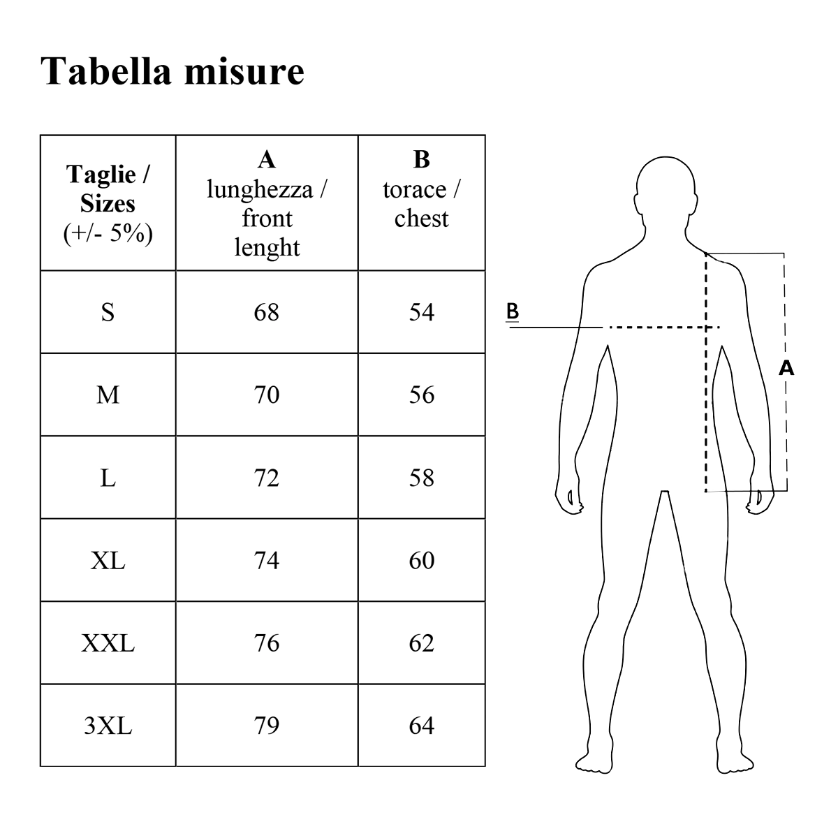 Tabella misure gilet smanicato personalizzato per Gruppi ANA